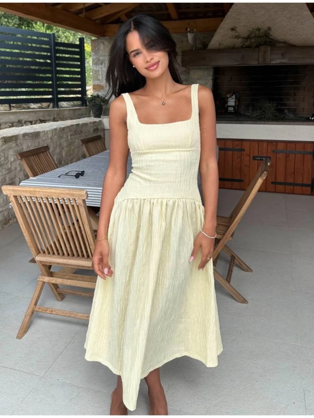 Zara Pale Yellow Sleeveless Crinkle Midi Dress